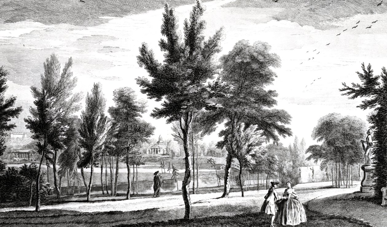 En udsigt over Elysian Fields fra Helicon Spring, Stowe House Gardens, indgraveret af George Bickham, 1753 swed av Jean Baptiste Claude Chatelain