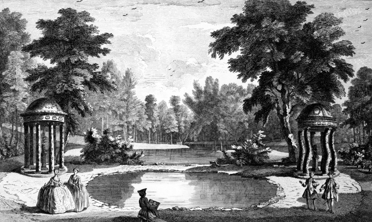 En vy av grottan och två skal-tempel, Stowe House Gardens, graverad av George Bickham, 1753 av Jean Baptiste Claude Chatelain
