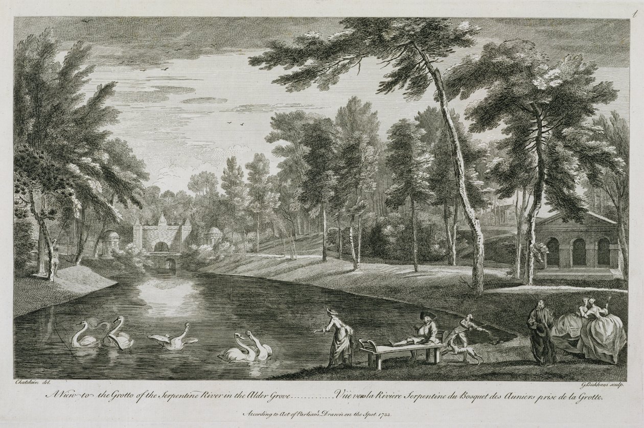 En utsikt över grottan av Serpentine River i Alder Grove vid Stowe, 1753, graverad av George Bickham av Jean Baptiste Claude Chatelain