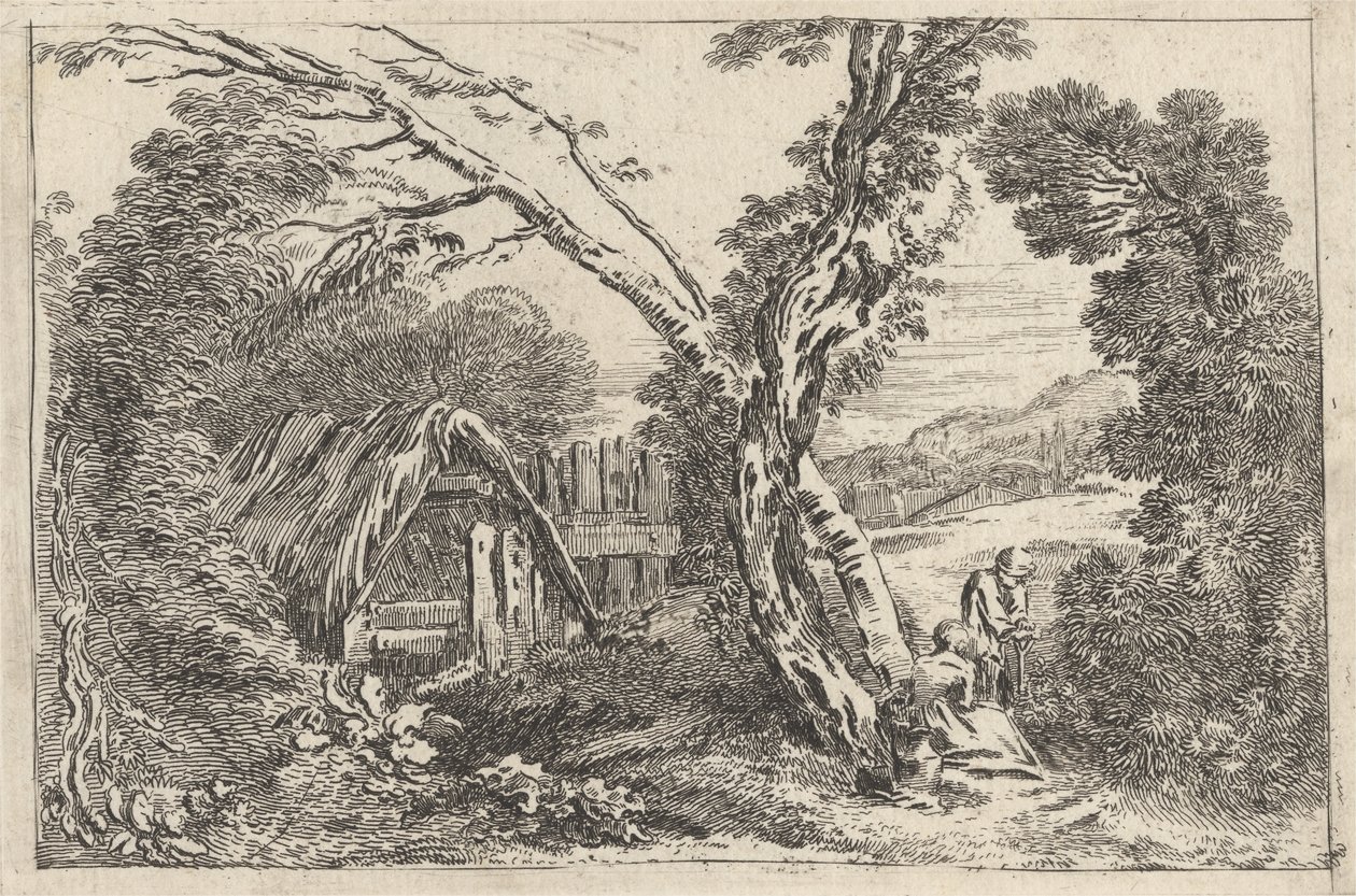 Man och kvinna gräver, tallrik från "A New Book of Landskips", 1637 av Jean Baptiste Claude Chatelain