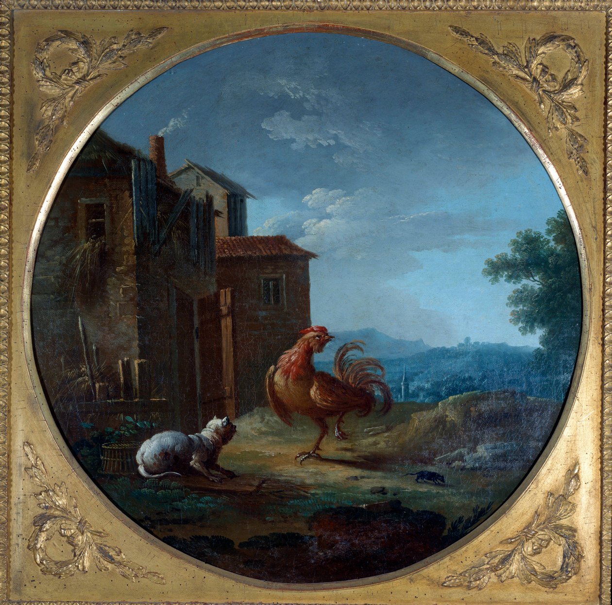 Grisen, katten och musen. Illustration till fabeln av Jean de La Fontaine. Målning av Jean Baptiste Claudeot (1733-1805) av Jean Baptiste Claudot