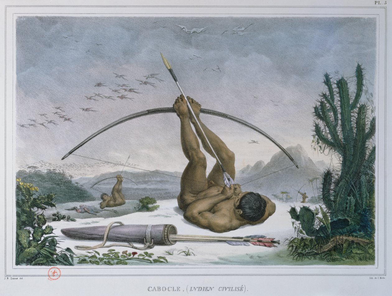 Cabocle indiska jaktfåglar med pil och båge, från Voyage Pittoresque et Historique au Bresil, publicerad 1839 av Jean Baptiste Debret