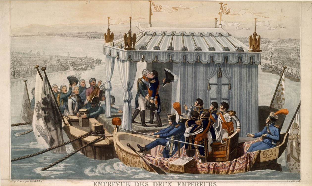 Möte mellan kejsarna Alexander I av Ryssland och Napoleon I av Frankrike vid Neman nära Tilsit i juli av Jean Baptiste Debret