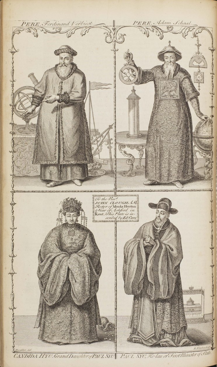 Porträtt av Ferdinand Verbiest, Adam Schall, Candida Xu och Xu Guangqi Från En beskrivning av e av Jean Baptiste Du Halde