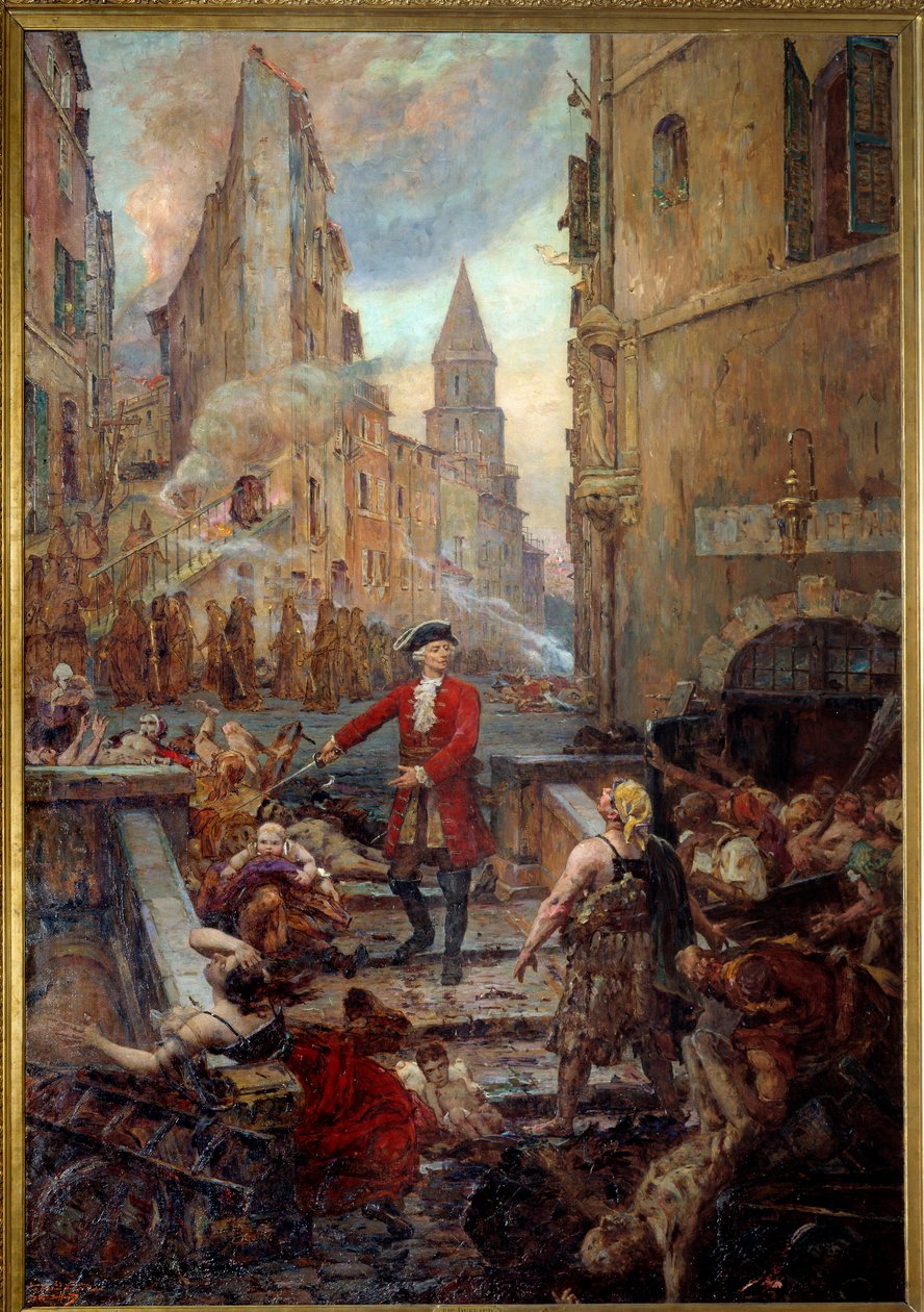 Chevalier Roze vid Montee des Aroules i Marseille Nicola Roze (1675-1733) släpper lös Armoules-distriktet i Marseille från pestiferernas lik under den stora pesten 1720. Målning av Jean-Baptiste Duffaud (1852-1927) av Jean Baptiste Duffaud