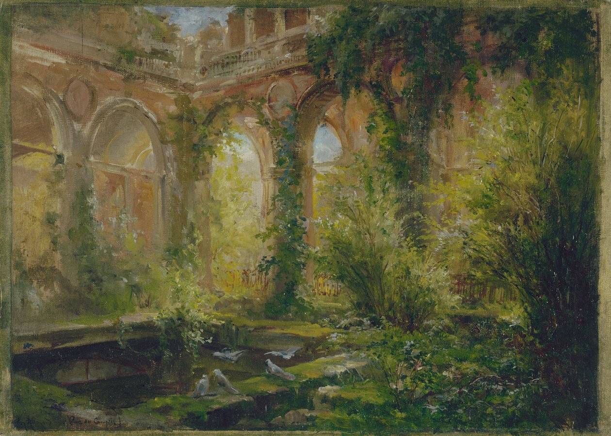 Ruinerna av Cour des Comptes: salle des fêtes, ca 1875 (olja) av Jean Baptiste Edmond Allouard