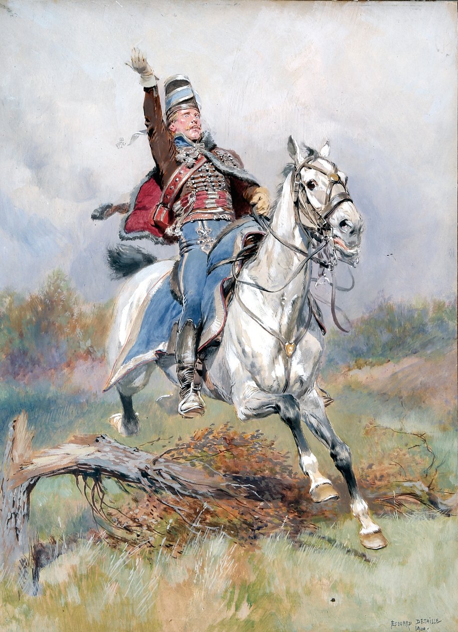 En fransk kavallerist till häst, 1900 (wc & gouache på papper) av Jean Baptiste Edouard Detaille