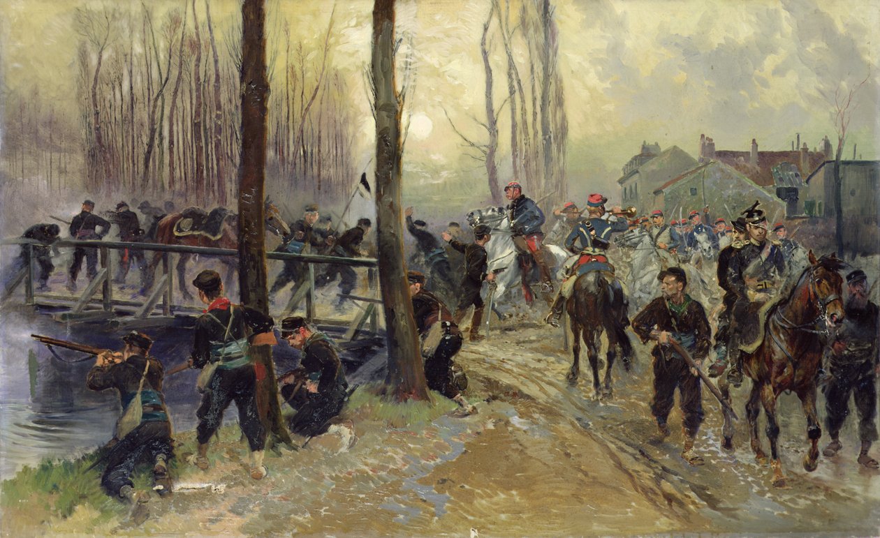 Bakhåll nära en bro som försvaras av trupper, tidig morgon, 1870 av Jean Baptiste Edouard Detaille