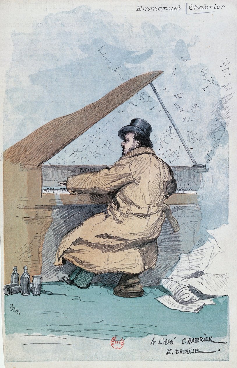 Frankrike, Paris, färgad gravyr av den franske kompositören Emmanuel Chabrier av Jean Baptiste Edouard Detaille