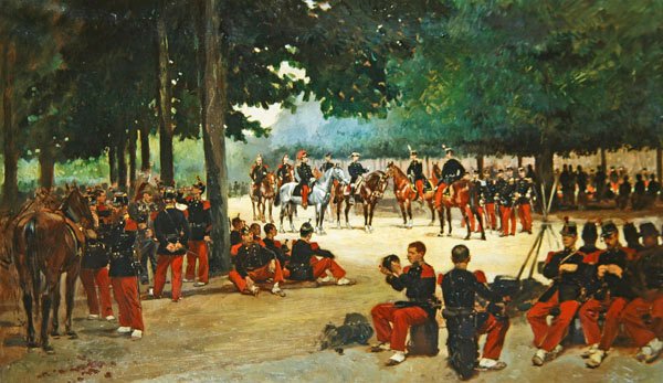 Infanteriregemente kopplar av på Bois de Boulogne under en översyn, c.1885 av Jean Baptiste Edouard Detaille
