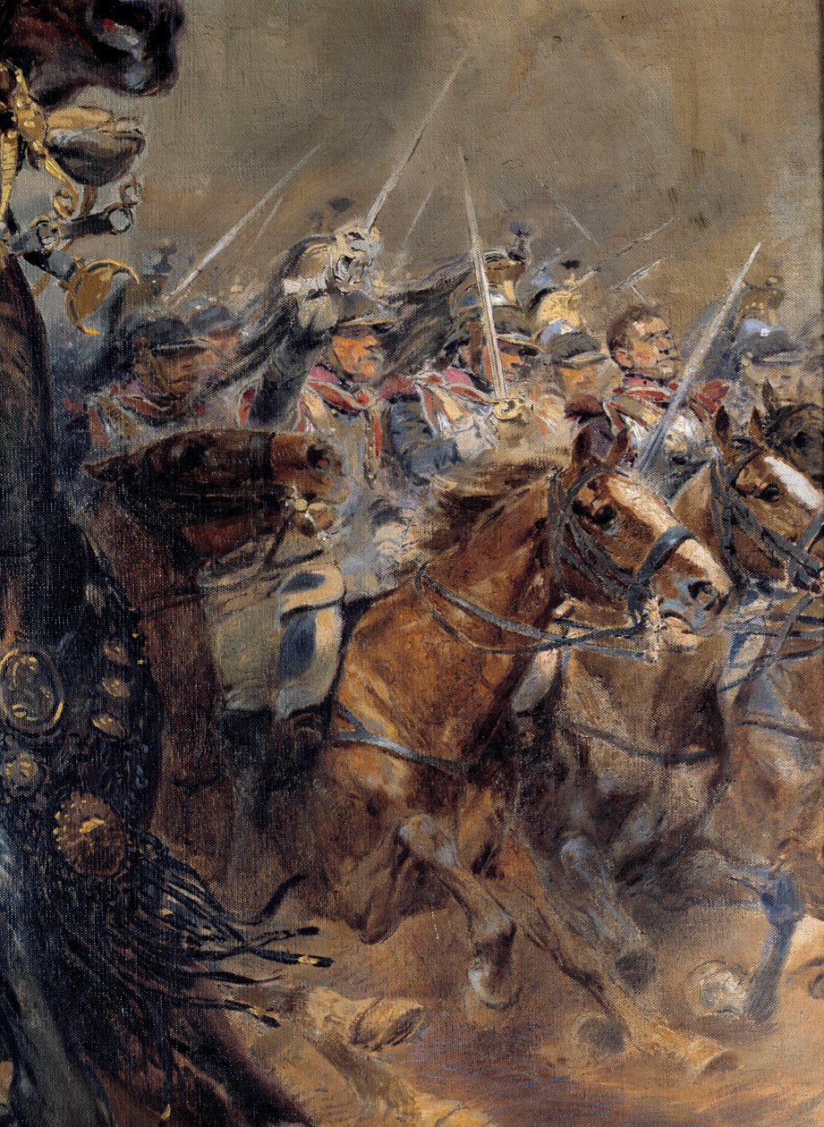 Napoleonkriget: "" Den sista anklagelsen mot general Antoine Charles Comte de Lasalle (1775-1809), dödad vid Wagram den 6 juli av Jean Baptiste Edouard Detaille