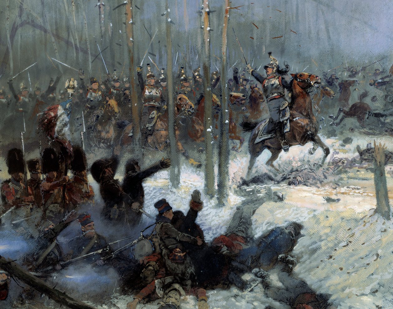 Ryskt fälttåg 1812: "" Befallning av det sjunde slagskeppet av överste Dubois vid la Berezina (Beresina) den 11/28/1812 i Ryssland"" Detalj. Målning av Jean-Baptiste-Edouard (Jean Baptiste Edouard) Detaille (1848-1912) 1800-talet. Paris, Musee de l