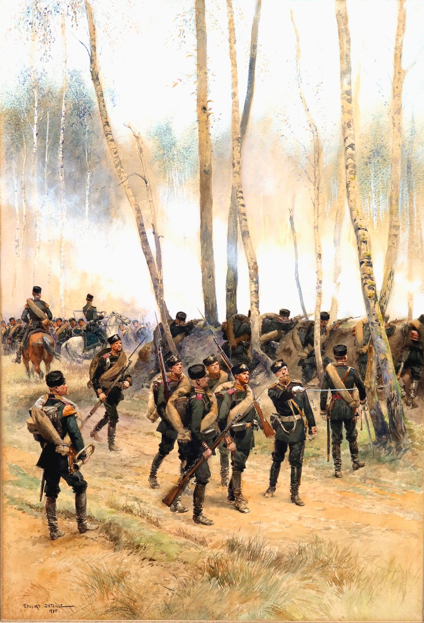 Soldat vid fronten, 1885 (wc, svart bläck & kroppsfärg på papper) av Jean Baptiste Edouard Detaille