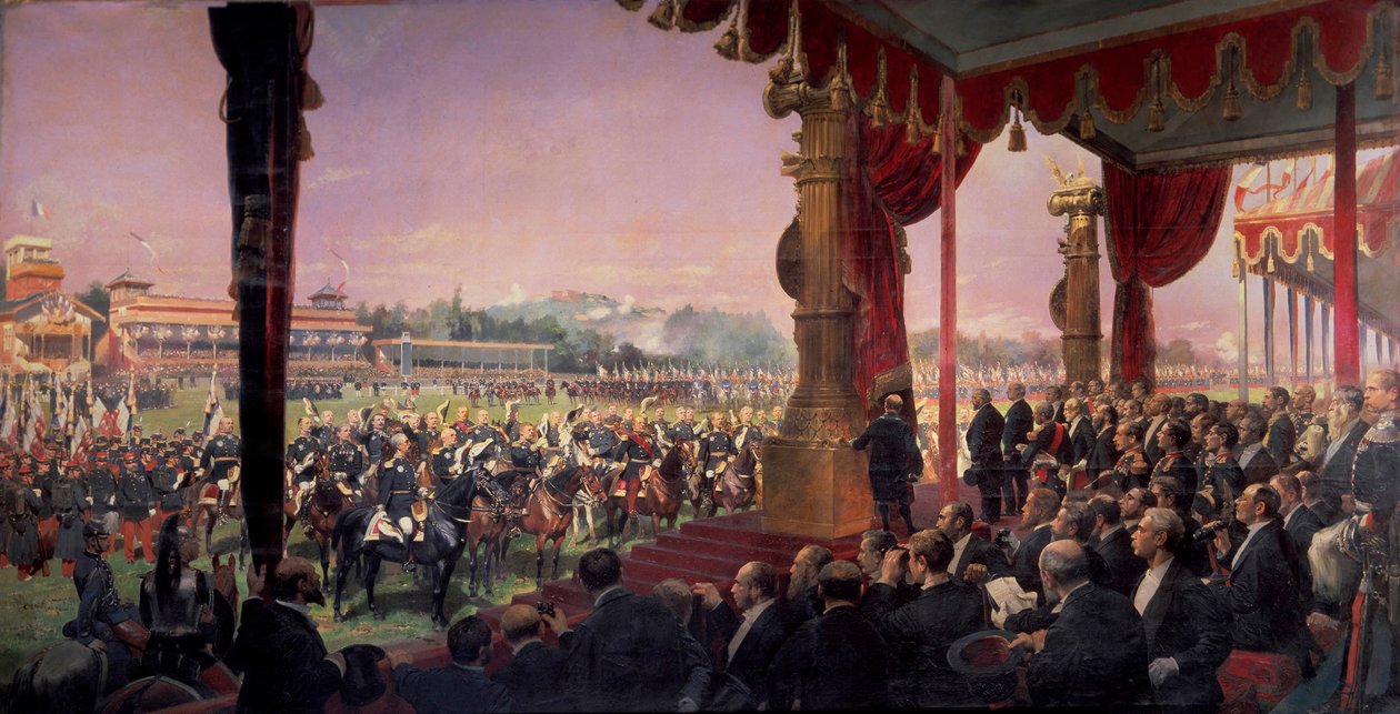Utdelning av flaggor i Longchamp av president Jules Grevy i närvaro av Leon Gambetta den 14 juli 1880. Generaler hälsar statschefen, grupper runt Marechal Canrobert. Målning av Edouard Detaille (1848-1912) av Jean Baptiste Edouard Detaille