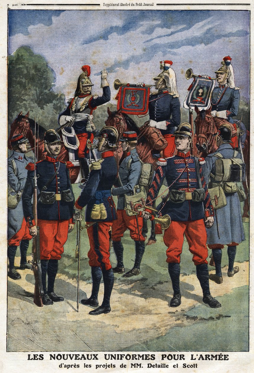 De nya uniformerna för den franska armén efter projekten av målarna Edouard Detaille (1848-1912) och Georges Bertin Scott (1873-1942) kallade Scott de Plagnolles. Gravyr i "" Le Petité Journal"", 1912-03-10. Privat samling. av Jean Baptiste Edouard Detaille