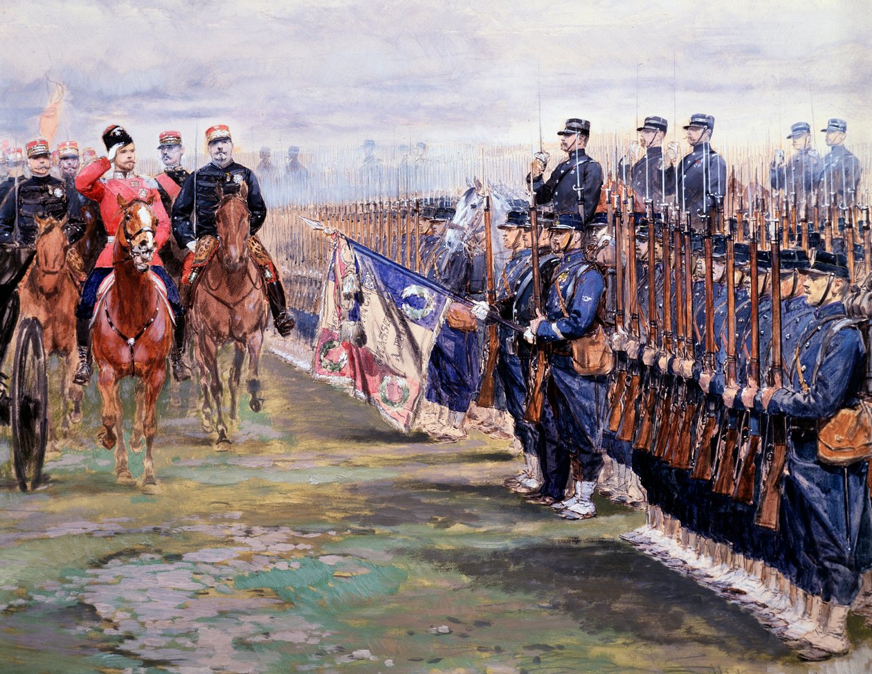 Tsar Nicolas granskar trupperna med Felix faure i Chalon-sur-Marne under sitt besök i Frankrike den 9 oktober av Jean Baptiste Edouard Detaille