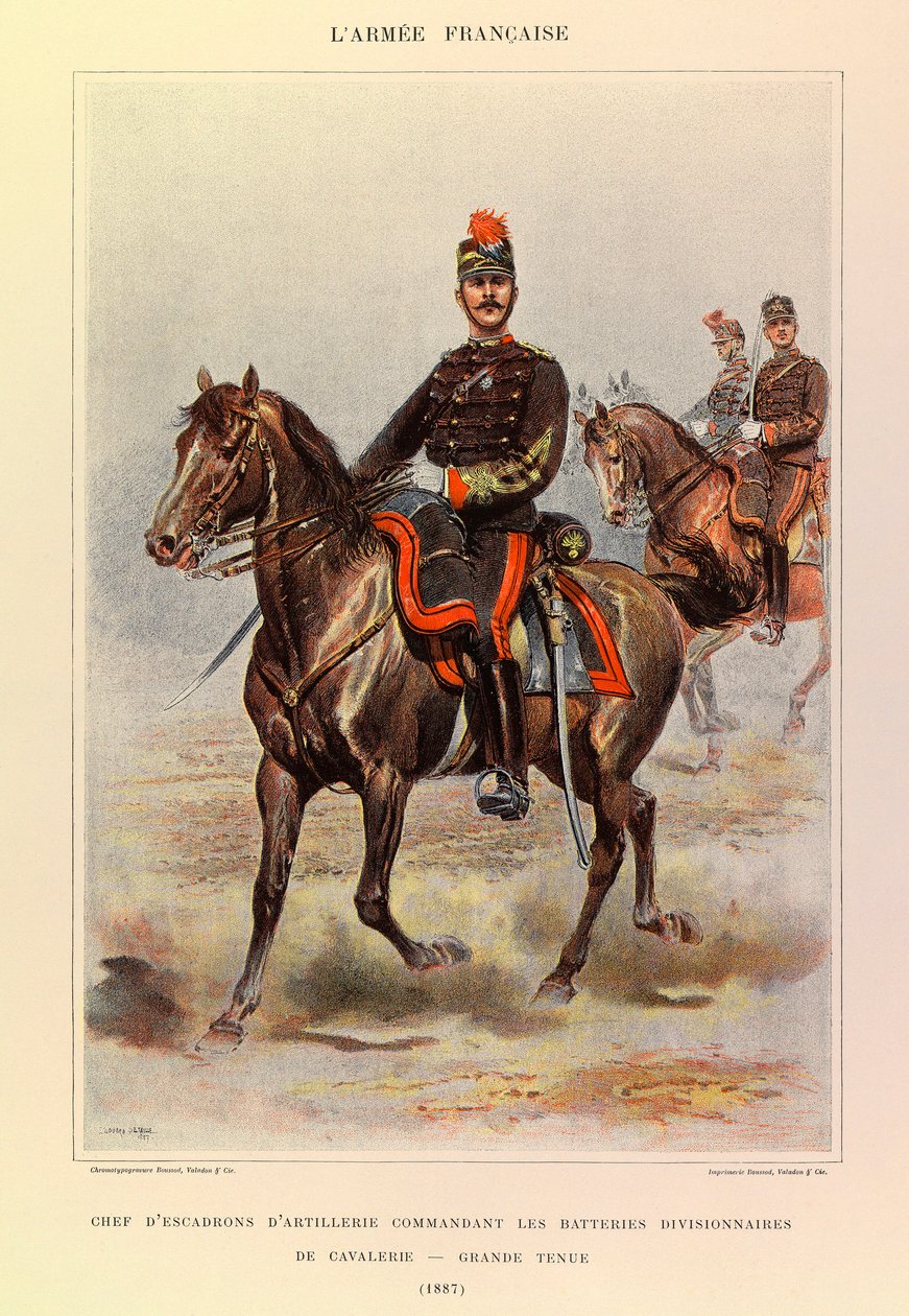 Typer och uniformer av kapten Jules Richards franska armé, illustrerad av Edouard Detaille (1848-1912): Chef för artilleriskvadronen som befälhavde divisionens kavalleribatterier i stor klädsel 1887, privat samling av Jean-Baptiste Edouard Detaille