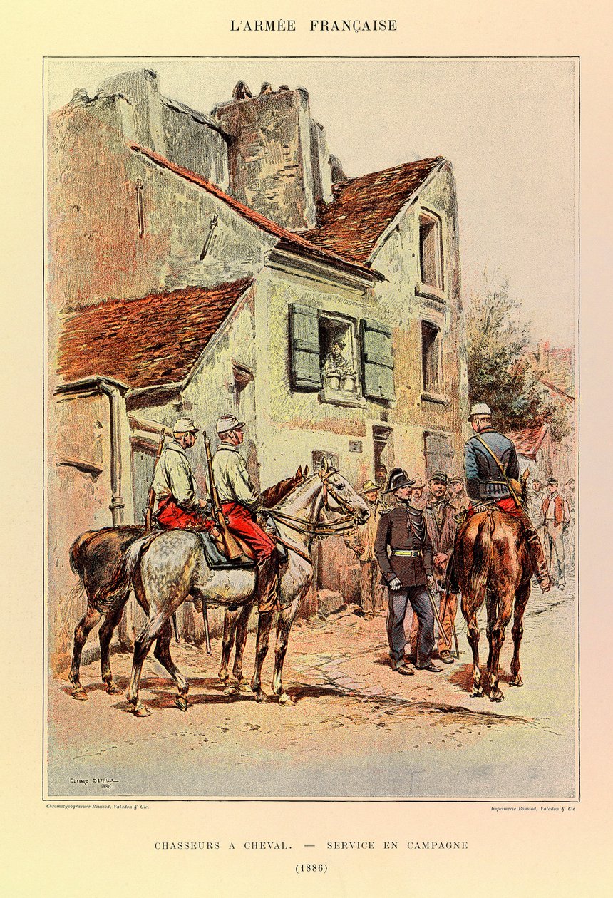 Typer och uniformer av kapten Jules Richards franska armé, illustrerad av Edouard Detaille (1848-1912): Hunters a Horseback; Fälttjänst 1886, Privat samling av Jean Baptiste Edouard Detaille