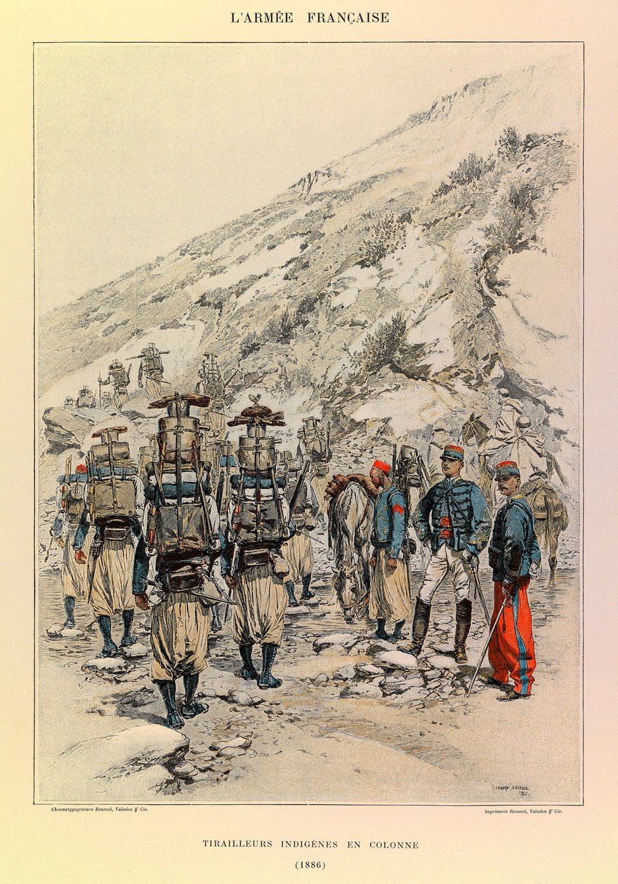 Typer och uniformer av kapten Jules Richards franska armé, illustrerad av Edouard Detaille (1848-1912): Indigenes Tirailleurs in Column in 1886, Private Collection av Jean-Baptiste Edouard Detaille