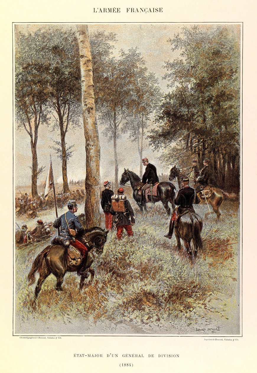 Typer och uniformer av kapten Jules Richards franska armé, illustrerad av Edouard Detaille (1848-1912): Staff of a Divisional General in 1884, Private Collection av Jean Baptiste Edouard Detaille