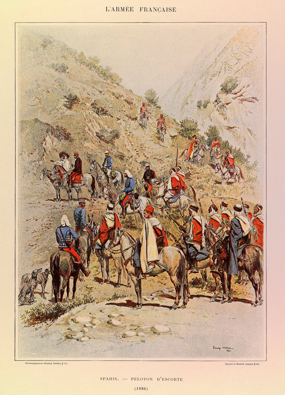 Typer och uniformer av kapten Jules Richards franska armé, illustrerad av Edouard Detaille (1848-1912): Spahis; Eskortpluton 1886, Privat samling av Jean Baptiste Edouard Detaille