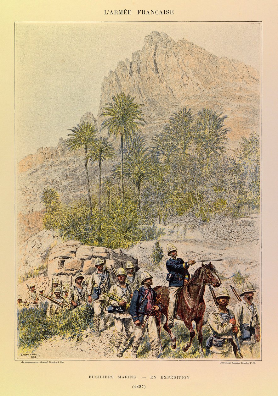 Typer och uniformer av kapten Jules Richards franska armé, illustrerad av Edouard Detaille (1848-1912): Fusiliers Marins on Expedition in 1887, Private Collection av Jean Baptiste Edouard Detaille