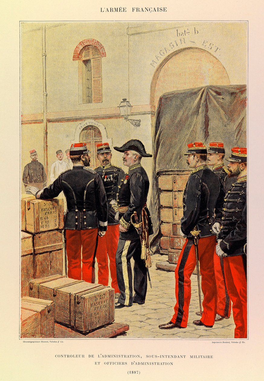 Typer och uniformer av kapten Jules Richards franska armé, illustrerad av Edouard Detaille (1848-1912): Administrationskontrollant, biträdande militärintendent och administrativa officerare 1887, privat samling av Jean-Baptiste Edouard Detaille