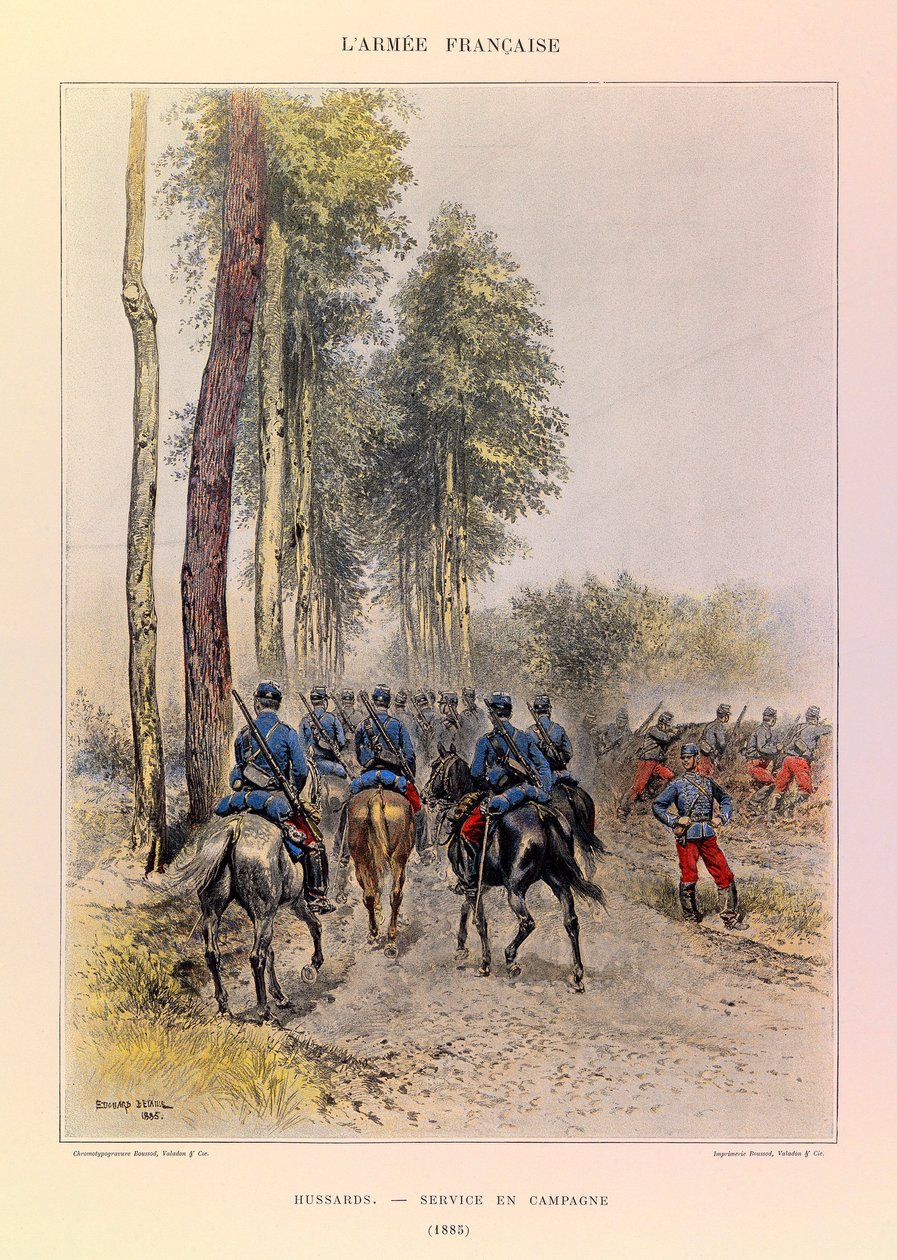 Typer och uniformer av kapten Jules Richards franska armé, illustrerad av Edouard Detaille (1848-1912): Husarder; Fälttjänst 1885, Privat samling av Jean Baptiste Edouard Detaille