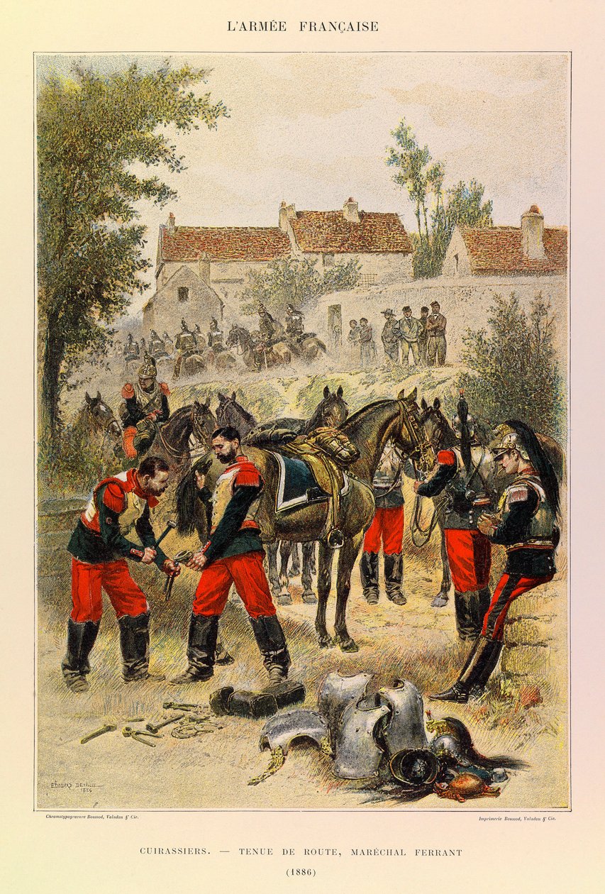 Typer och uniformer av kapten Jules Richards franska armé, illustrerad av Edouard Detaille (1848-1912): Cuirassiers; Väghantering; Marechal Ferrant 1886, privat samling av Jean Baptiste Edouard Detaille