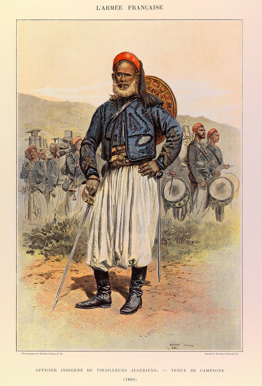 Typer och uniformer av kapten Jules Richards franska armé, illustrerad av Edouard Detaille (1848-1912): infödd officer av algeriska tuniorer i fältklänning 1886, privat samling av Jean Baptiste Edouard Detaille