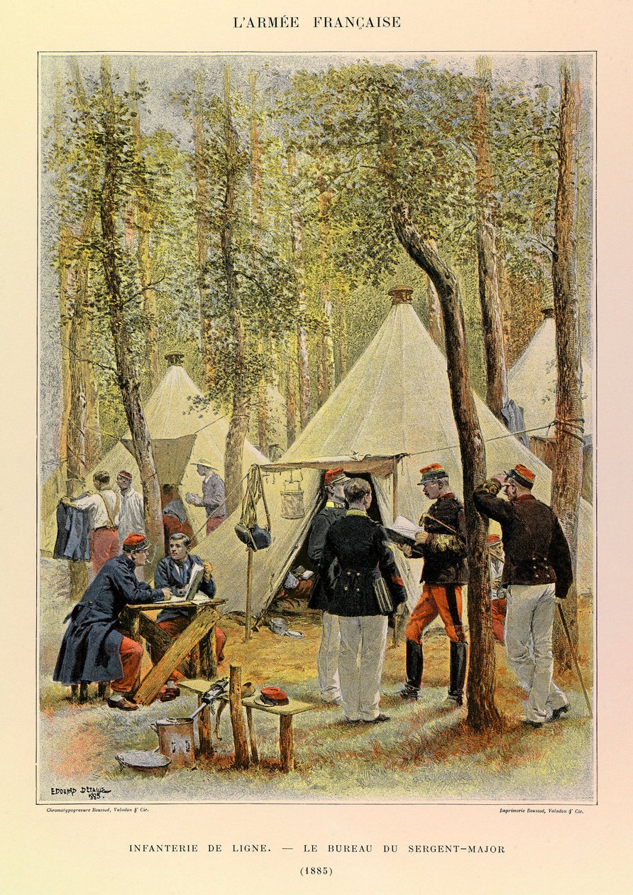 Typer och uniformer av kapten Jules Richards franska armé, illustrerad av Edouard Detaille (1848-1912): Linjeinfanteri: Sergeantmajorens kontor 1885, privat samling av Jean-Baptiste Edouard Detaille