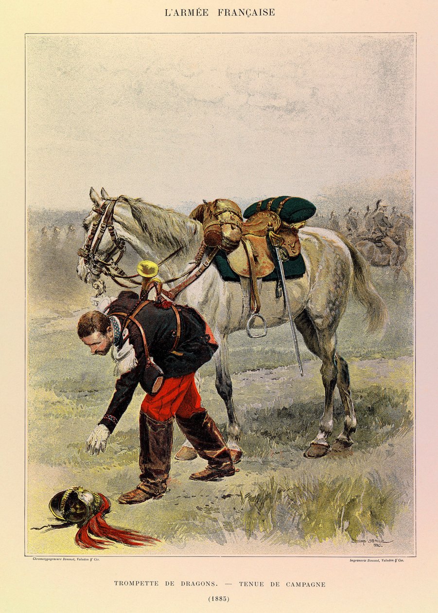 Typer och uniformer av kapten Jules Richards franska armé, illustrerad av Edouard Detaille (1848-1912): Draktrumpet i lantklänning 1885, privat samling av Jean Baptiste Edouard Detaille