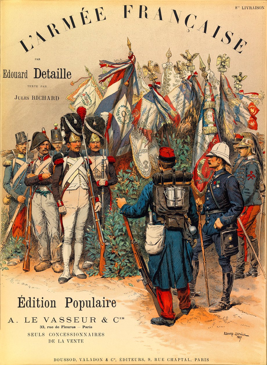 Typer och uniformer av den franska Armee av kapten Jules Richard, illustrerad av Edouard Detaille (1848-1912): Första omslaget till boken "" L