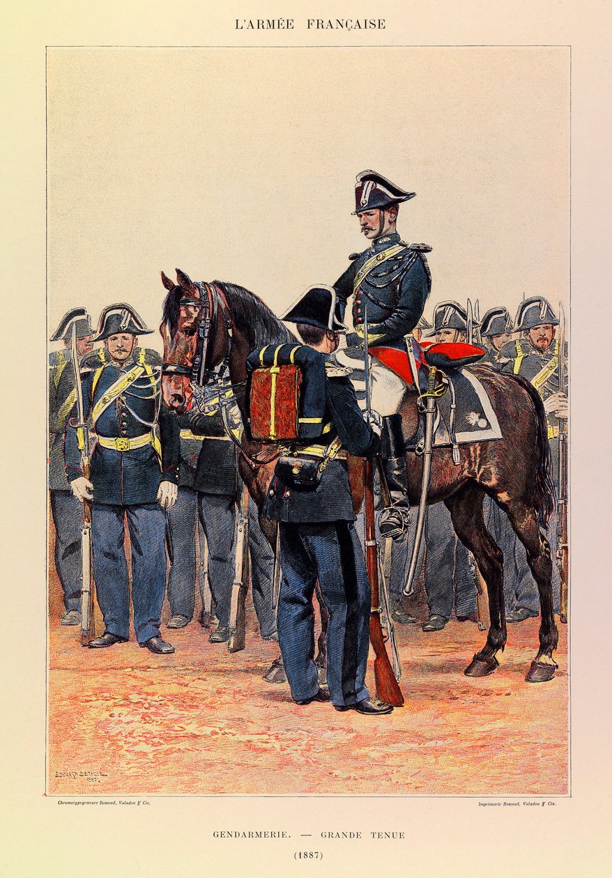 Typer och uniformer av kapten Jules Richards franska armé, illustrerad av Edouard Detaille (1848-1912): Gendarmerie en grande attire en 1887, Collection Partiale av Jean Baptiste Edouard Detaille