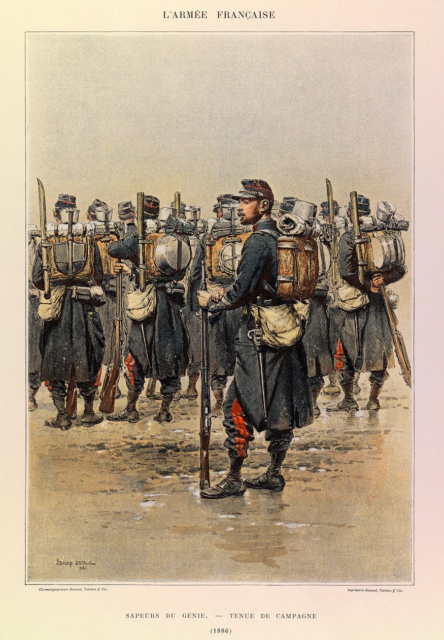 Typer och uniformer av kapten Jules Richards franska armé, illustrerad av Edouard Detaille (1848-1912): Andens sapper i lantklänning 1886, privat samling av Jean Baptiste Edouard Detaille