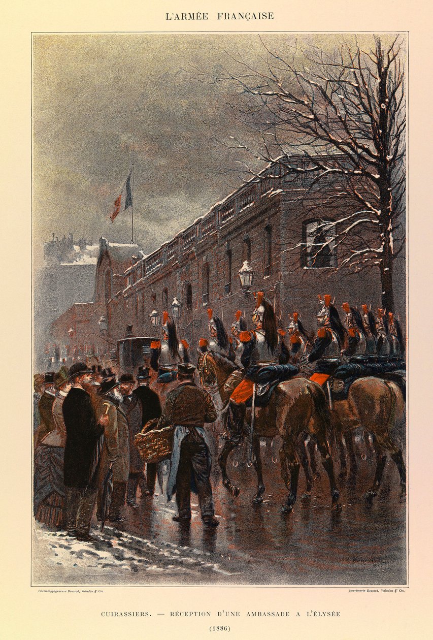 Typer och uniformer av kapten Jules Richards franska armé, illustrerad av Edouard Detaille (1848-1912): Cuirassiers: Reception of an Embassy at the Elysee in 1886, Private Collection av Jean Baptiste Edouard Detaille