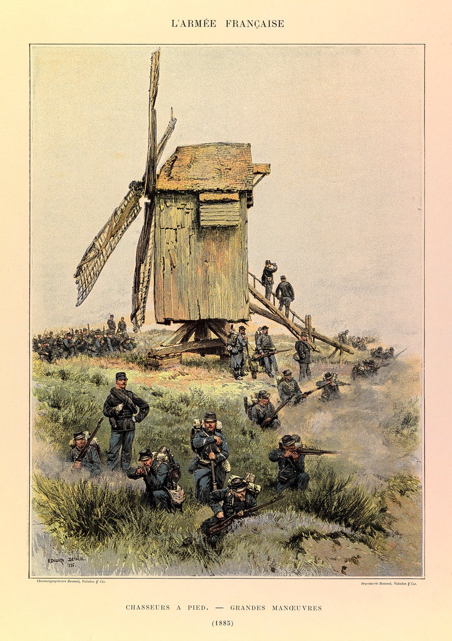Typer och uniformer av kapten Jules Richards franska armé, illustrerad av Edouard Detaille (1848-1912): Jägare till fots; de stora manövrarna 1885, Privatsamling av Jean Baptiste Edouard Detaille
