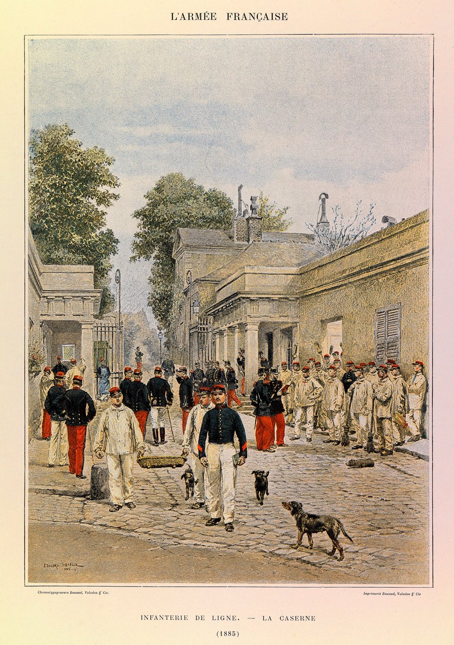 Typer och uniformer av kapten Jules Richards franska armé, illustrerad av Edouard Detaille (1848-1912): Linjeinfanteri: Kasernen 1885, Privat samling av Jean Baptiste Edouard Detaille