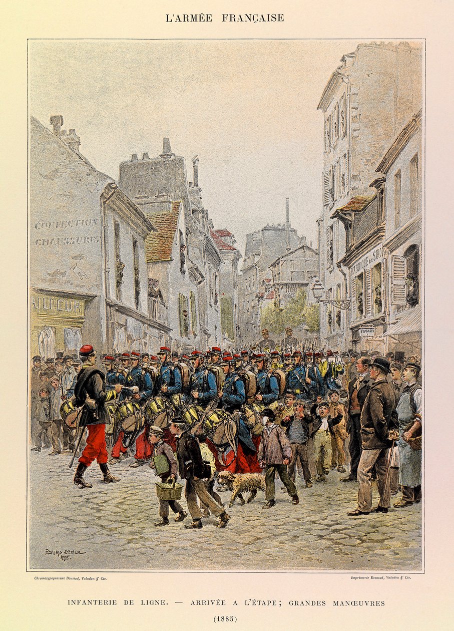 Typer och uniformer för kapten Jules Richards franska armé, illustrerad av Edouard Detaille (1848-1912): Linjeinfanteri: Ankomst till scenen under de stora manövrarna 1885, Privat samling av Jean Baptiste Edouard Detaille