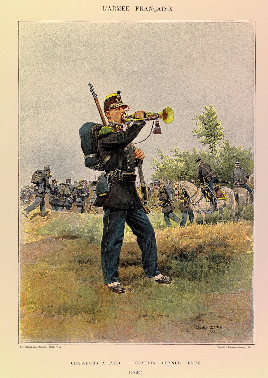 Typer och uniformer av kapten Jules Richards franska armé, illustrerad av Edouard Detaille (1848-1912): Jägare till fots: Bugle i stor klänning 1885, Privat samling av Jean Baptiste Edouard Detaille