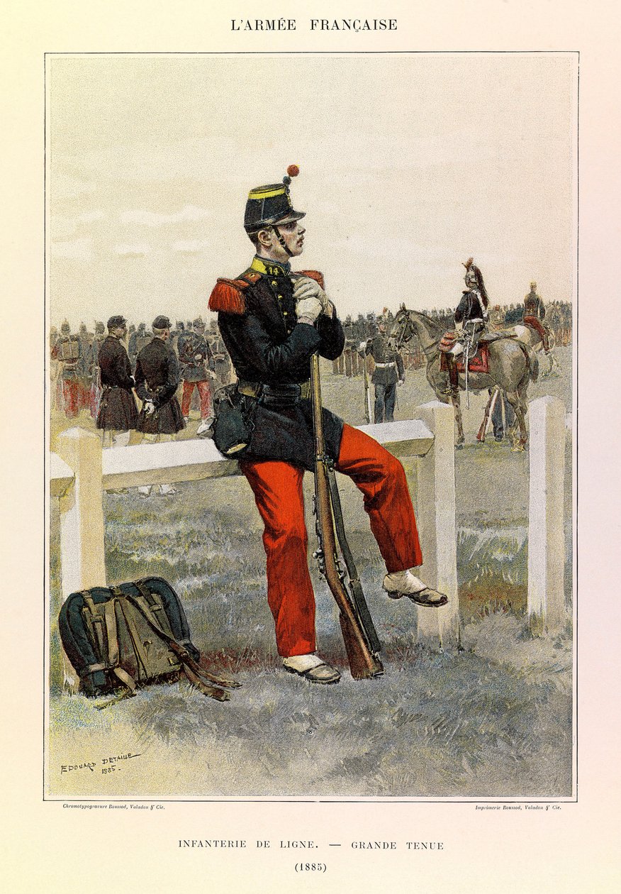 Typer och uniformer i den franska armén av kapten Jules Richard, illustrerad av Edouard Detaille (1848-1912): Infantry de line en grande-stil 1885, Collection Partial av Jean Baptiste Edouard Detaille