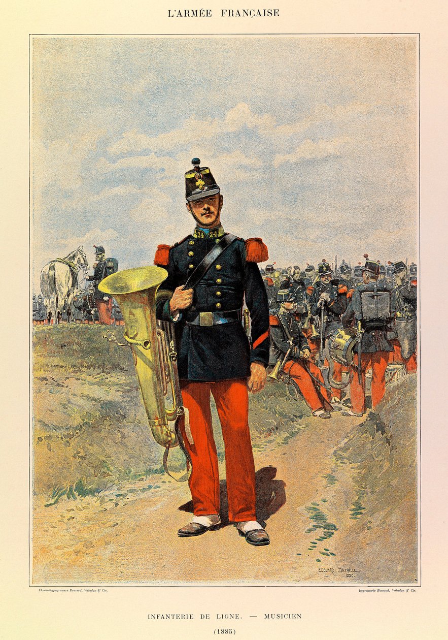 Typer och uniformer för kapten Jules Richards franska armé, illustrerad av Edouard Detaille (1848-1912): Linjeinfanteri: Musiker 1885, privat samling av Jean Baptiste Edouard Detaille