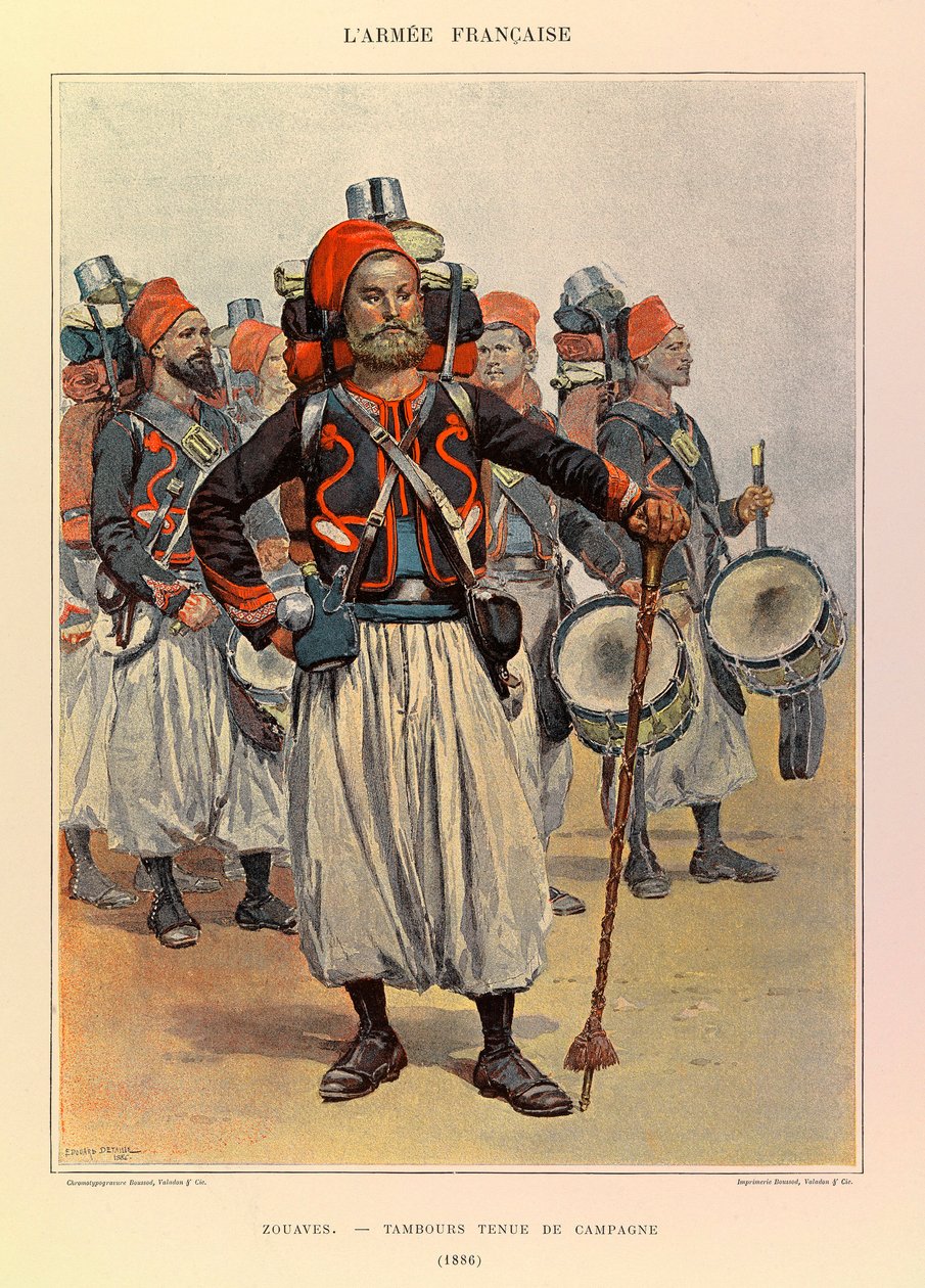 Typer och uniformer av den franska arméen av kapten Jules Richard, illustrerad av Edouard Detaille (1848-1912): Zouaves: Drum in Country Dress in 1886, Private Collection av Jean Baptiste Edouard Detaille