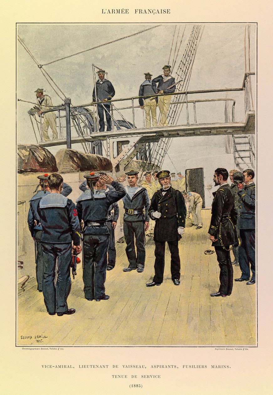 Typer och uniformer av kapten Jules Richards franska armé, illustrerad av Edouard Detaille (1848-1912): Flottan: viceamiral, fartygslöjtnant, aspiranter, marina gevär i serviceklänning 1885, privat samling av Jean Baptiste Edouard Detaille