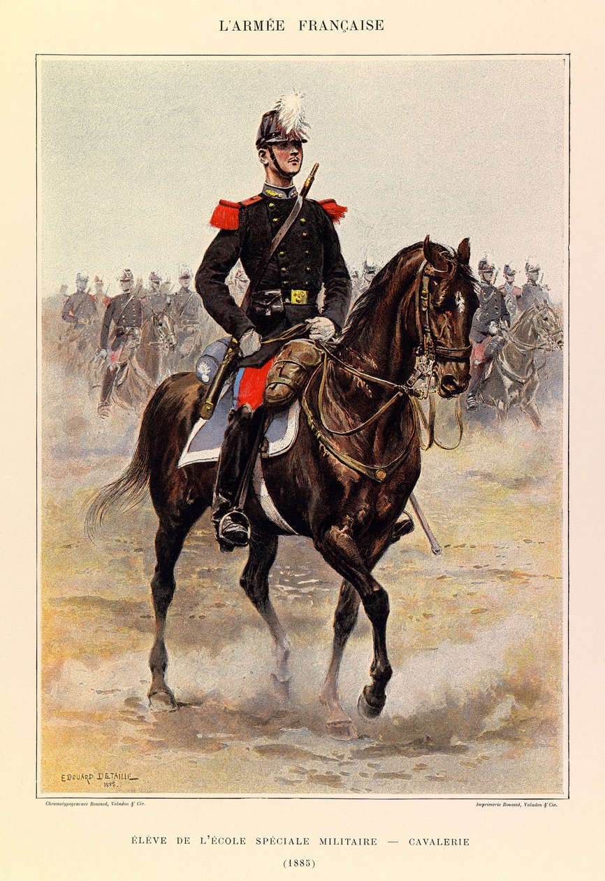 Typer och uniformer för kapten Jules Richards franska armé, illustrerad av Edouard Detaille (1848-1912): Elev vid specialmilitärskolan: kavalleri 1885, privat samling av Jean Baptiste Edouard Detaille