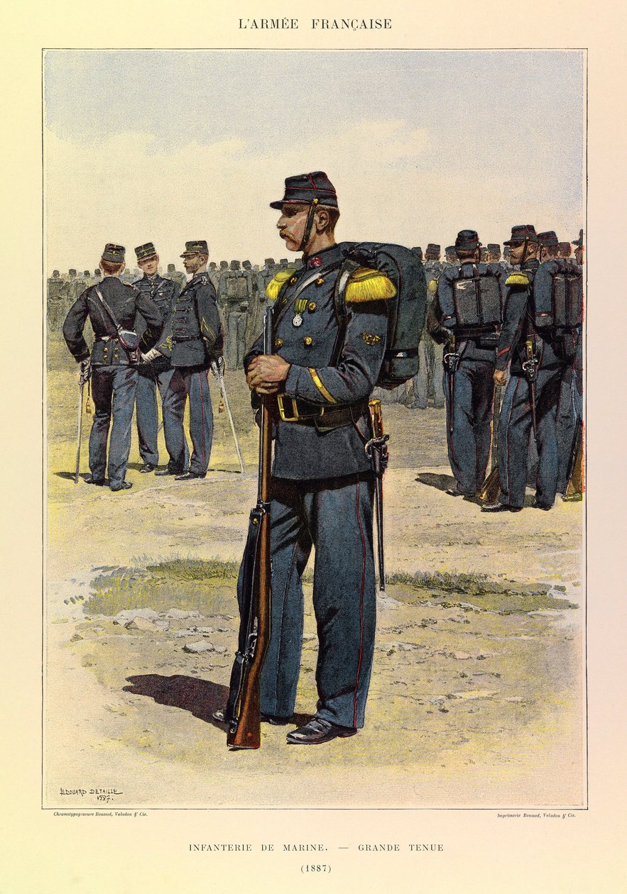 Typer och uniformer av kapten Jules Richards franska armé, illustrerad av Edouard Detaille (1848-1912): Infantry of Marine in Great Dress in 1887, Private Collection av Jean Baptiste Edouard Detaille