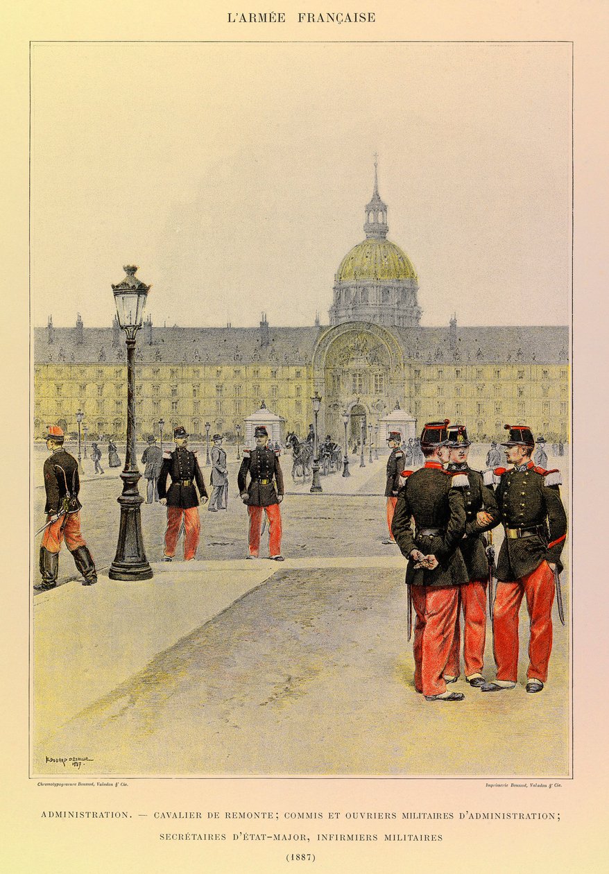 Typer och uniformer av kapten Jules Richards franska armé, illustrerad av Edouard Detaille (1848-1912): Administration: Ryttare, militärtjänsteman och administrativa arbetare, personalsekreterare, militärsjuksköterskor 1887, Privat samling av Jean Baptiste Edouard Detaille