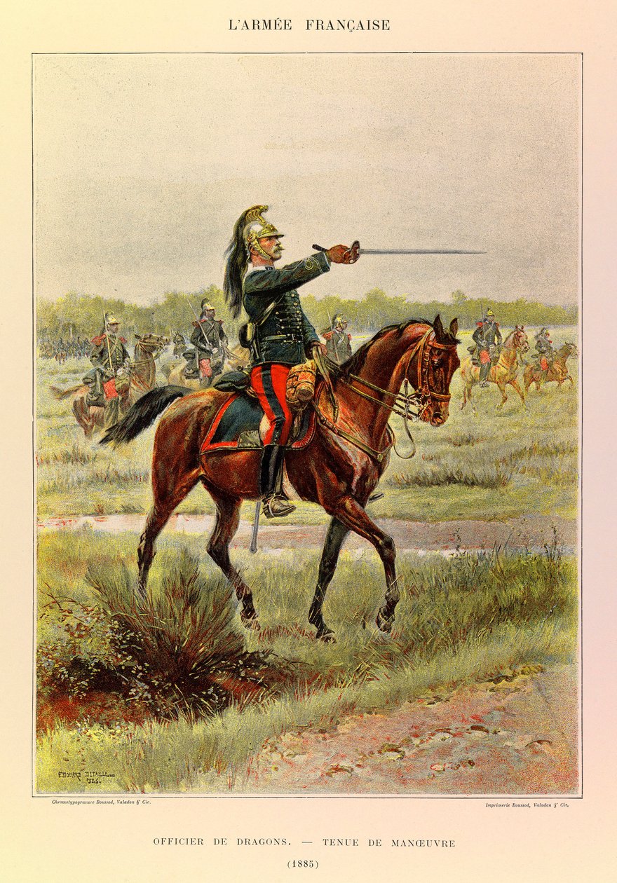 Typer och uniformer av kapten Jules Richards franska armé, illustrerad av Edouard Detaille (1848-1912): Drakofficer i manöverdräkt 1885, privat samling av Jean Baptiste Edouard Detaille
