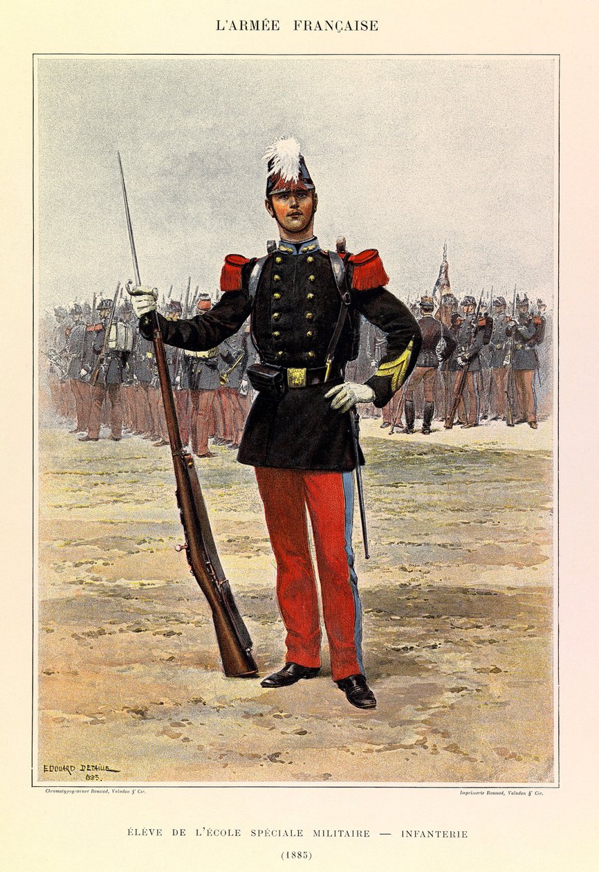 Typer och uniformer av kapten Jules Richards franska armé, illustrerad av Edouard Detaille (1848-1912): Elev vid specialmilitärskolan: infanteri 1885, privat samling av Jean Baptiste Edouard Detaille