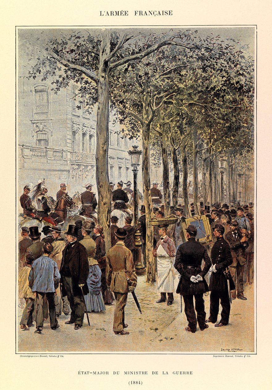 Typer och uniformer för kapten Jules Richards franska armé, illustrerad av Edouard Detaille (1848-1912): krigsministerns personal 1884, privat samling av Jean Baptiste Edouard Detaille